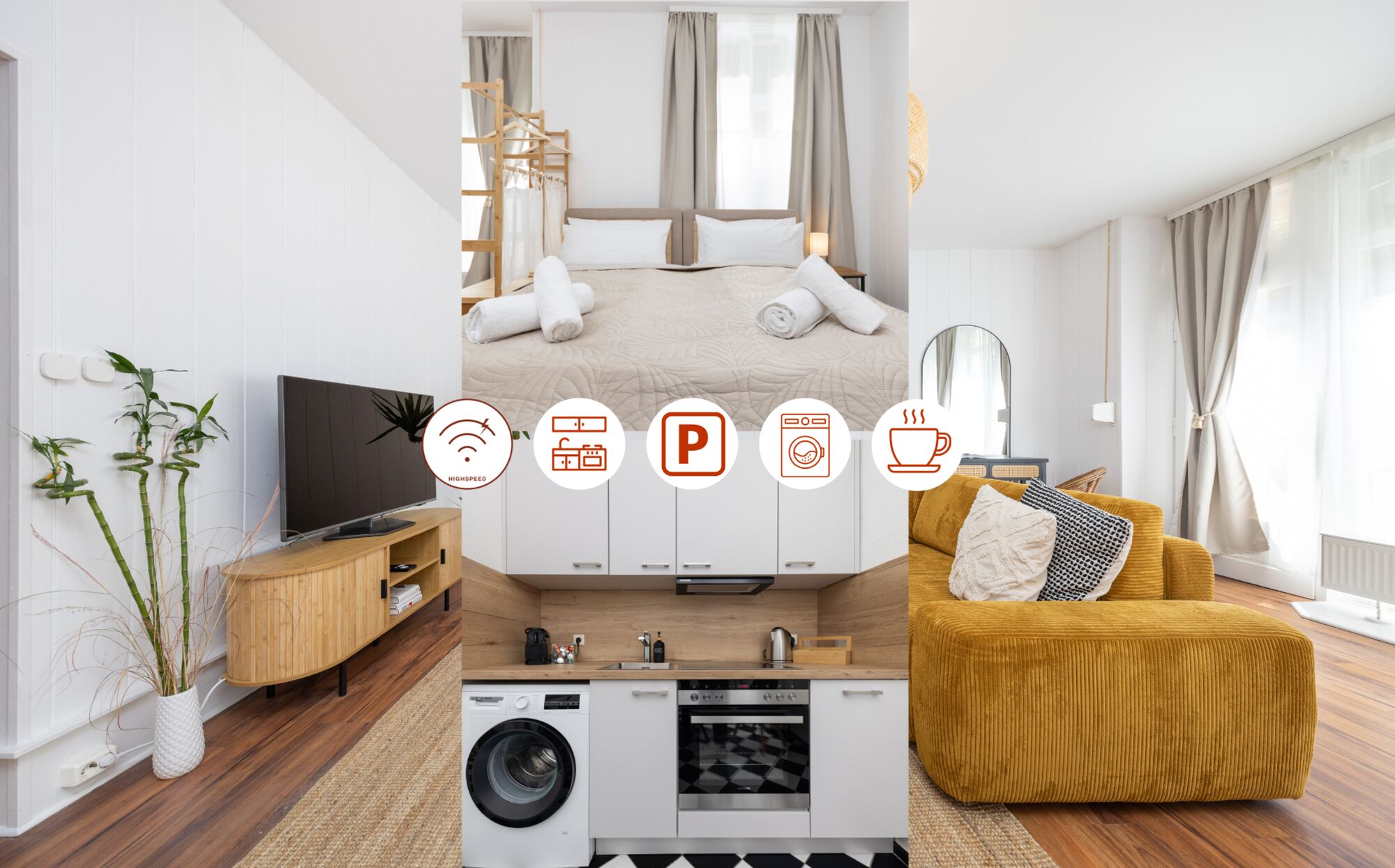 Highlights: Top Betten, Bettwäsche &Handtücher, Waschm., Kaffee, 50"TV, Arbeitstisch, schnelles Internet, Parking Highlights: Top Betten, Bettwäsche &Handtücher, Waschm., Kaffee, 50"TV, Arbeitstisch, schnelles Internet, Parking