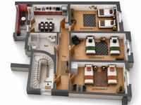 Übersichtlicher 3D-Grundriss der Wohnung mit drei Schlafzimmern, separater Küche, Badezimmer, Flur, Eingang und Balkon. Ideal für Gruppen, Familien oder Monteure, da alle Schlafzimmer getrennt zugänglich sind und jeweils zwei Einzelbetten bieten. Übersichtlicher 3D-Grundriss der Wohnung mit drei Schlafzimmern, separater Küche, Badezimmer, Flur, Eingang und Balkon. Ideal für Gruppen, Familien oder Monteure, da alle Schlafzimmer getrennt zugänglich sind und jeweils zwei Einzelbetten bieten.