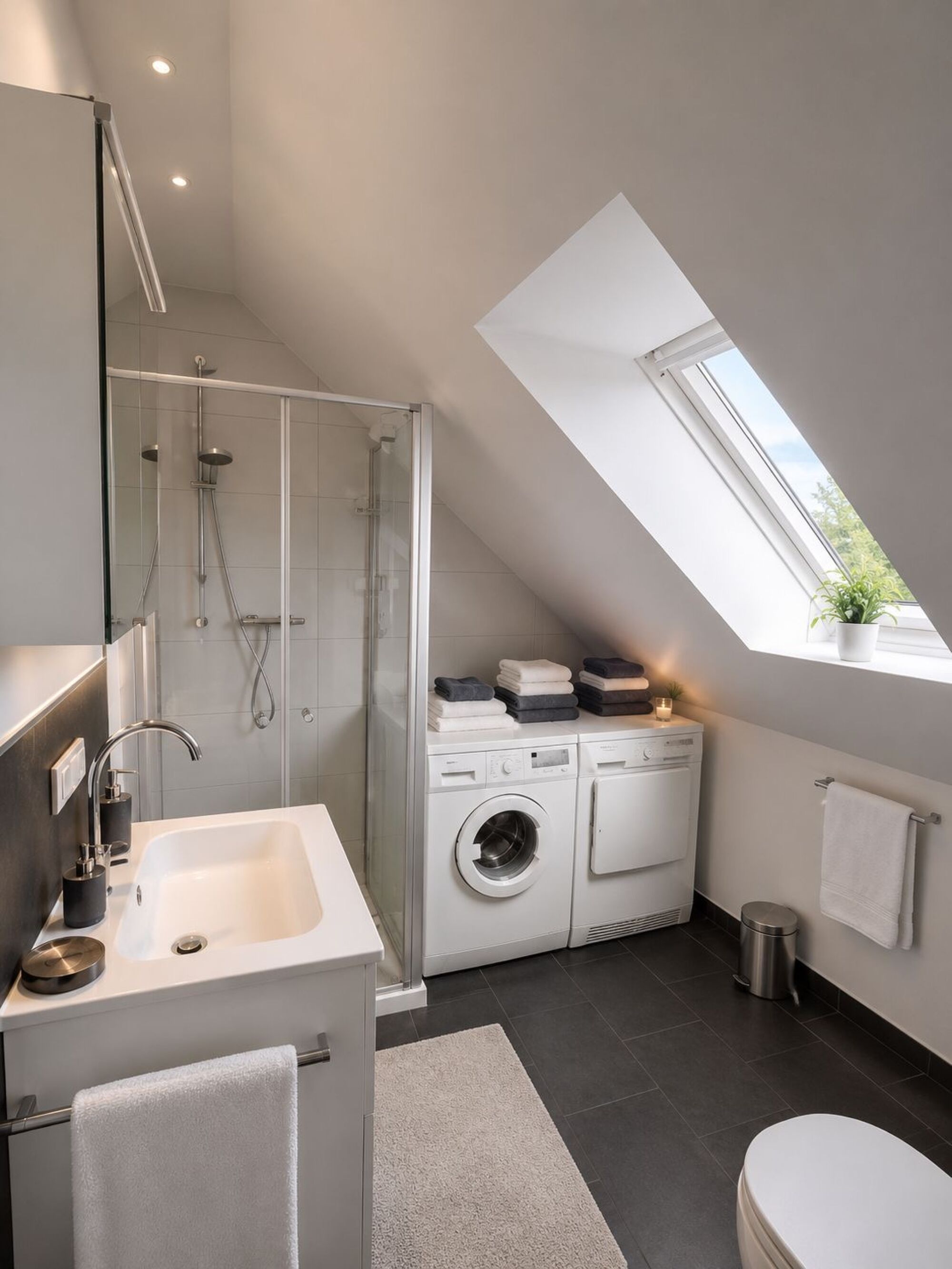 Modernes Duschbad mit Waschmaschine und Trockner