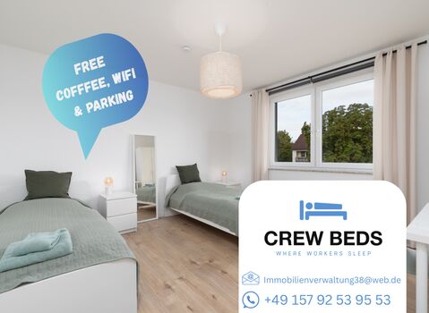 8 Single Beds/4 Rooms/2 Bathroom/Free Coffee, WiFi, Parking
