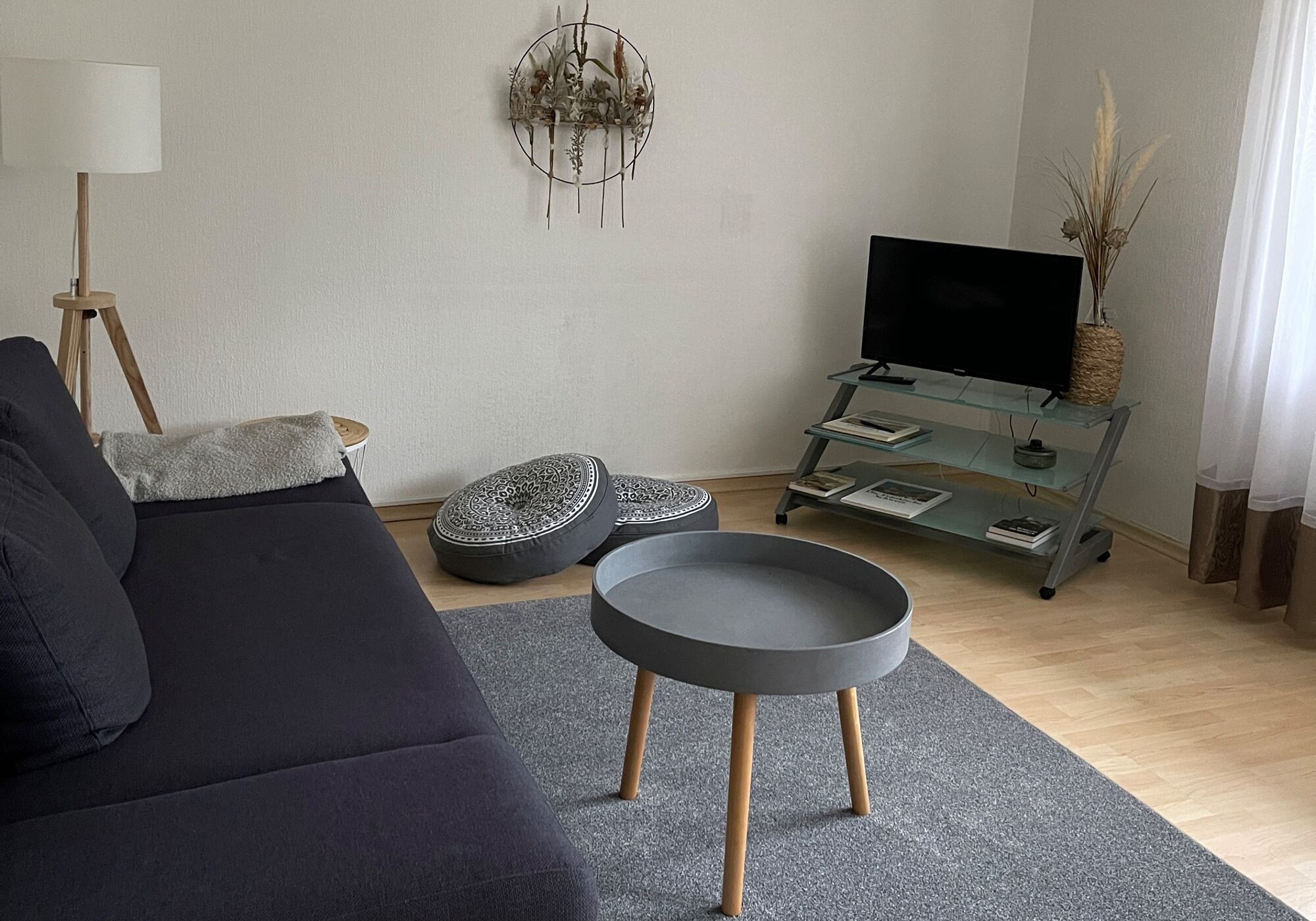 Wohnzimmer mit Schlafsofa, TV und Esstisch