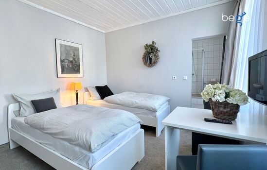 Heller Wohn- und Schlafbereich mit Smart-TV und Essplatz