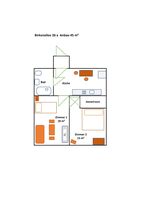 Grundriss 45 m² Wohnung für 2 - 3 Personen