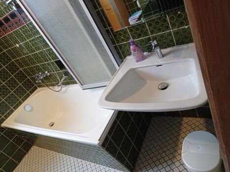 Bad mit Toilette Badewanne und Dusche und Waschbecken 