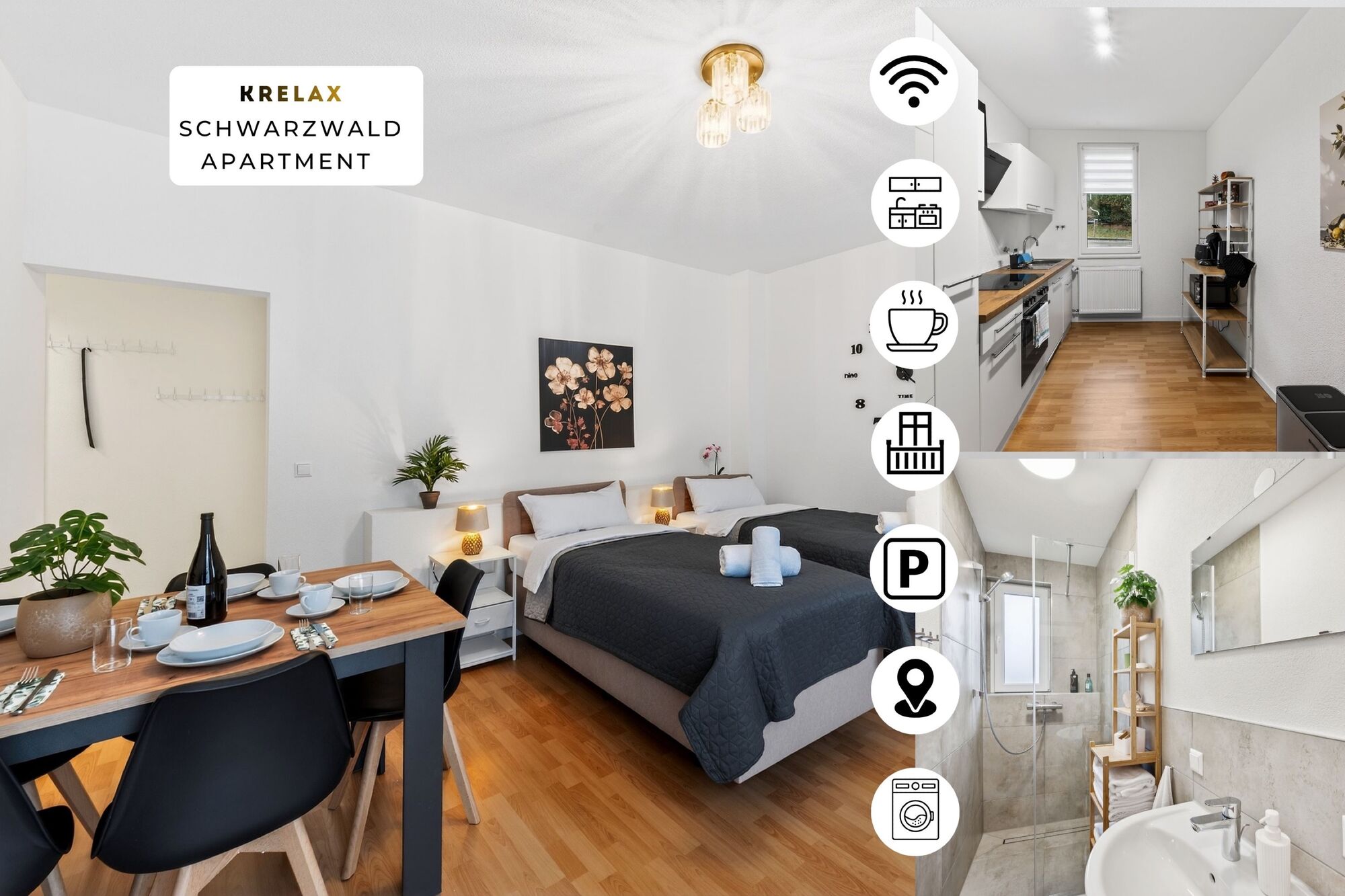 Modernes Monteurapartment mit Platz für Teams – Einzelbetten, große Küche und Parkplätze direkt am Haus.