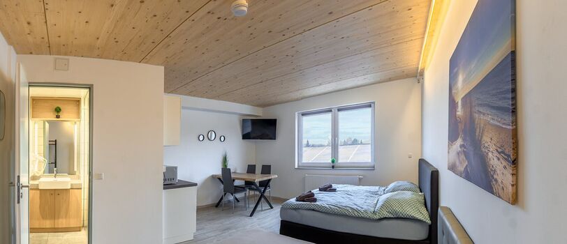 Apartment mit Bett, Essplatz und eigenem Bad